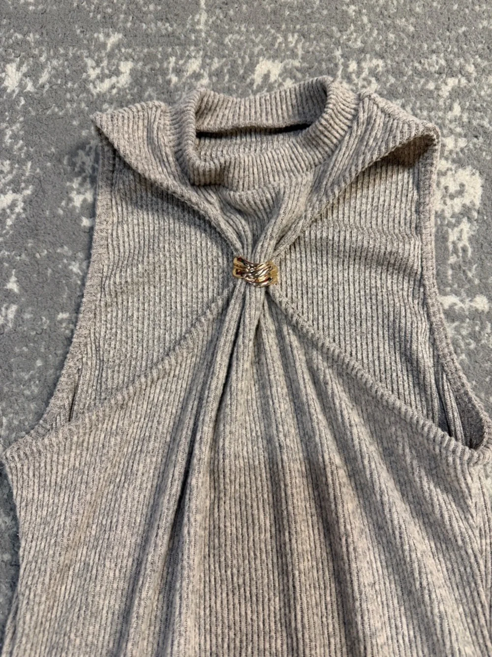 Sleeveless Ribbed Midi Dress with Front Ring Detail in Heather Gray - Picture 2 of 4